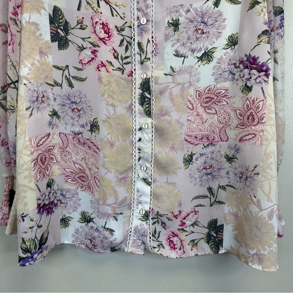 Cynthia Rowley 1X Floral Button-Up Blouse Pink Lilac Coquette Twee Vintage - Picture 3 of 12